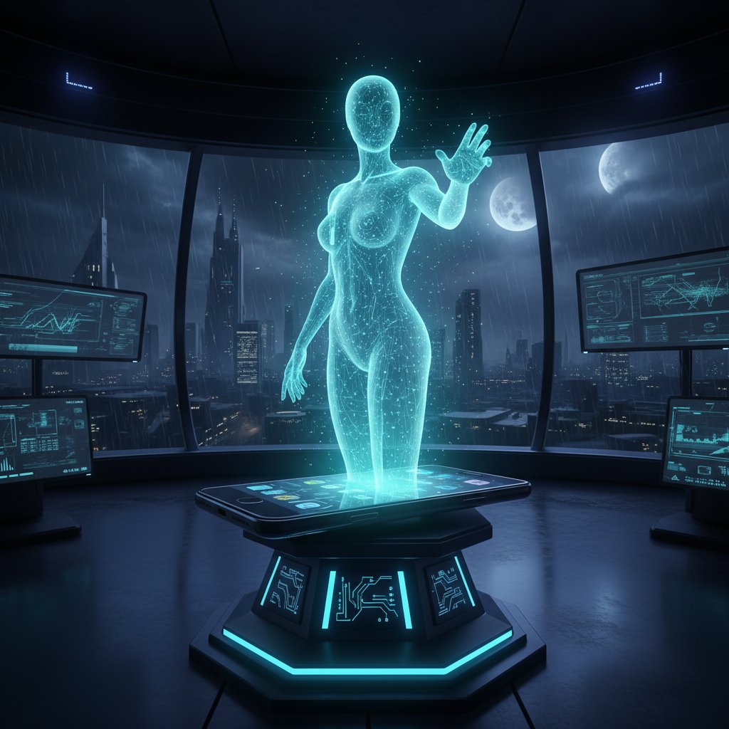 Futurystyczne ujęcie hologramu asystenta zdrowotnego nad smartfonem