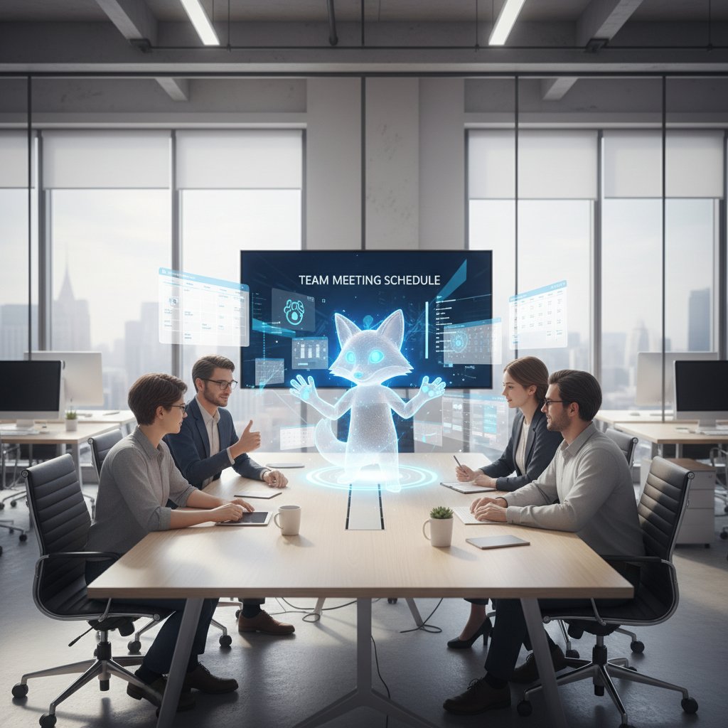 Wirtualny asystent AI planujący spotkania w biurze, zespół konsultuje się nad kalendarzem