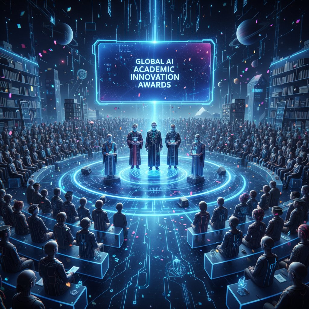 Futuristic virtual award event at academic conference, stylized, AI avatars