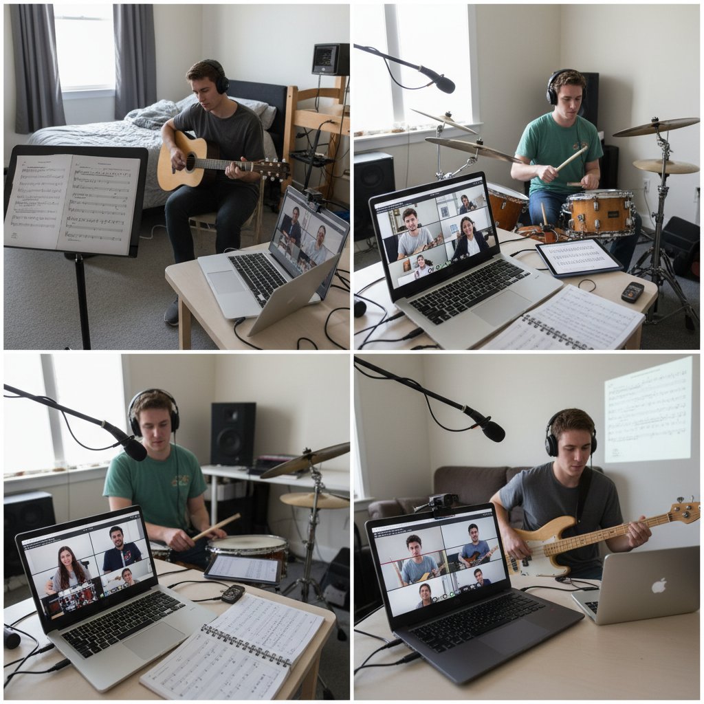 Grupa uczniów podczas wirtualnej próby zespołu muzycznego, laptopy, nuty na ekranach