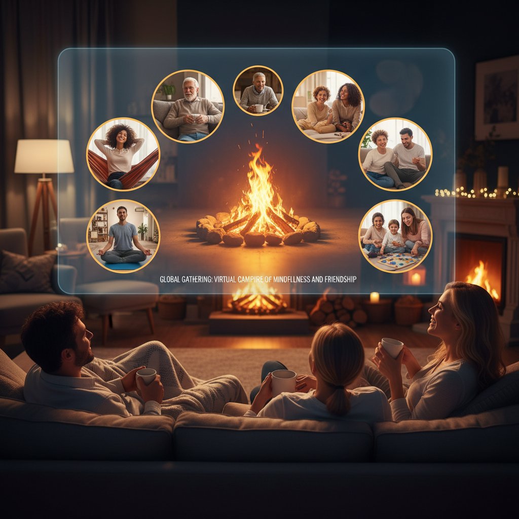 Wirtualne ognisko z różnorodnymi uczestnikami, relaks online w kreatywnej formie