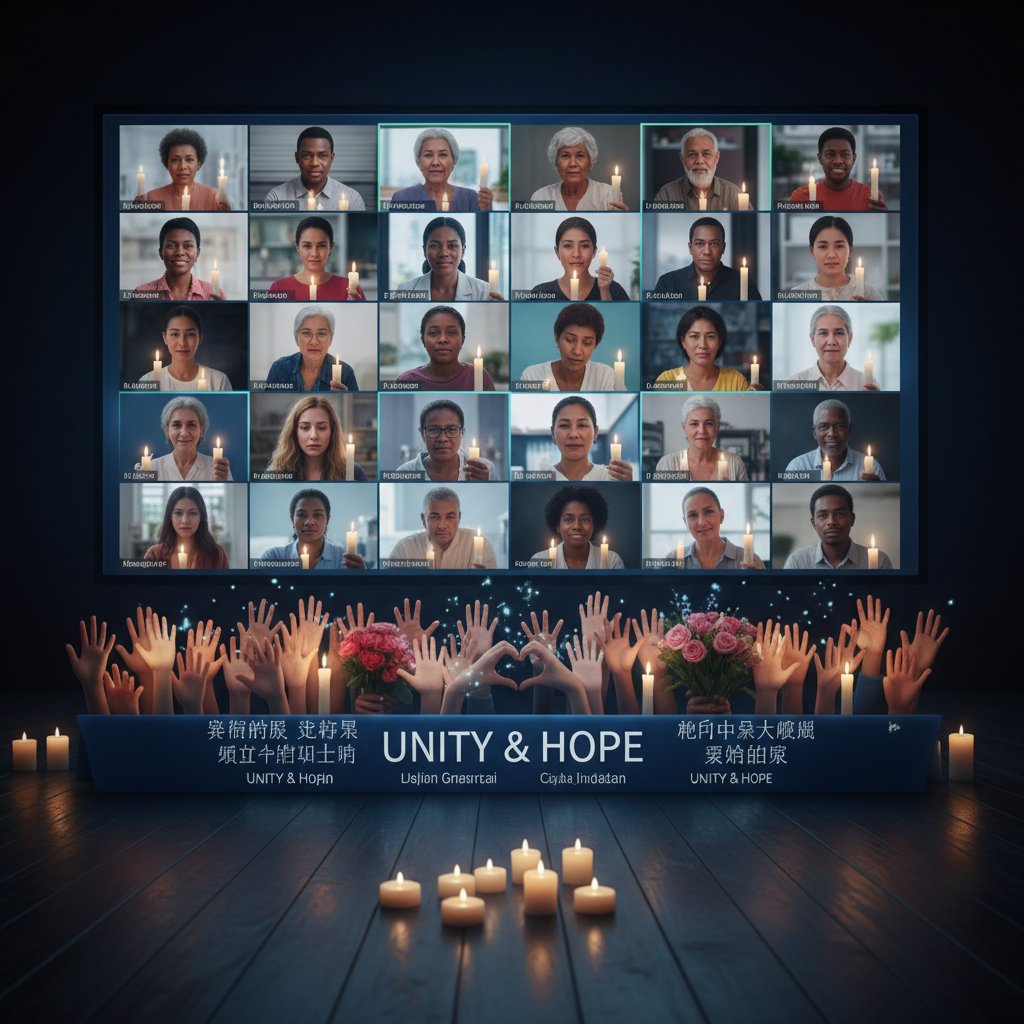 Virtual candlelight vigil with multicultural participants, hopeful mood, symbolizing community support in digital memorial storytelling
