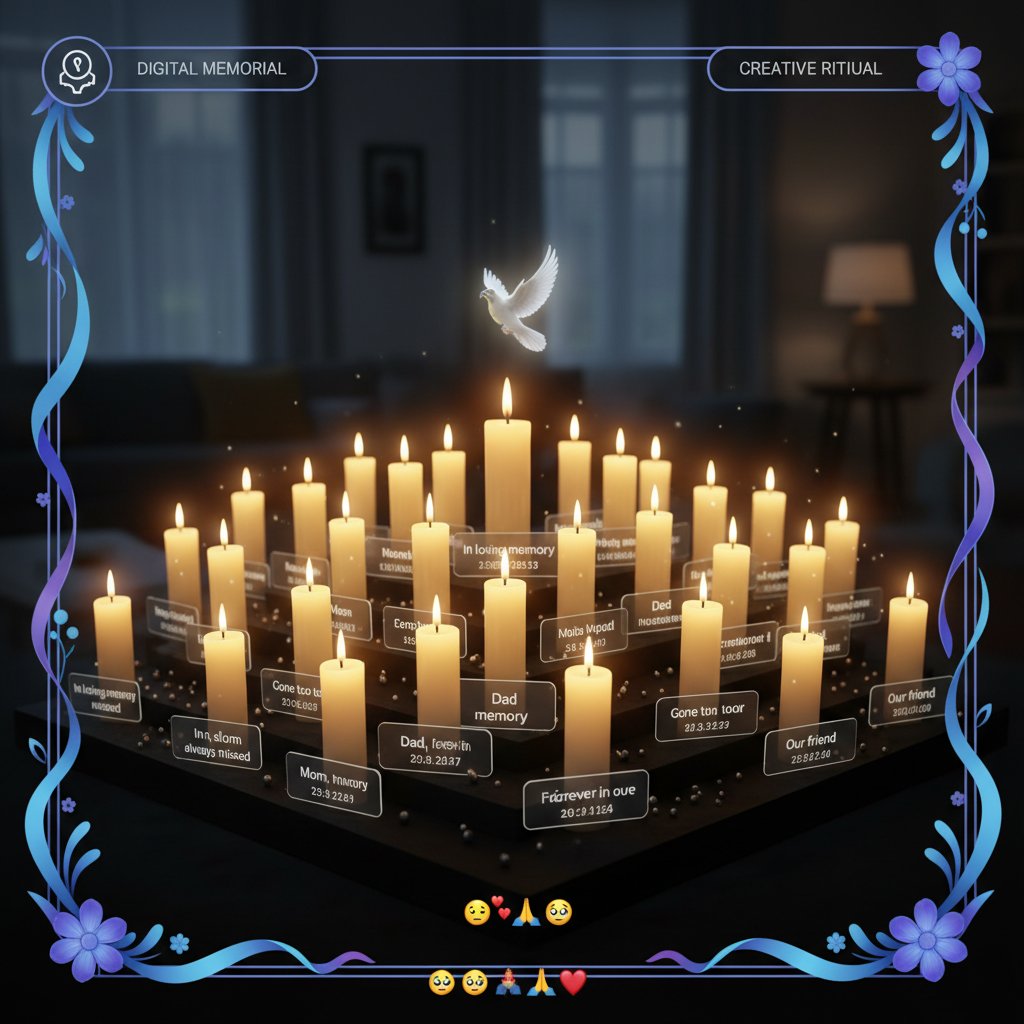 A virtual candlelight vigil on a laptop, with glowing candles and photos of loved ones, illustrating creative online grief rituals