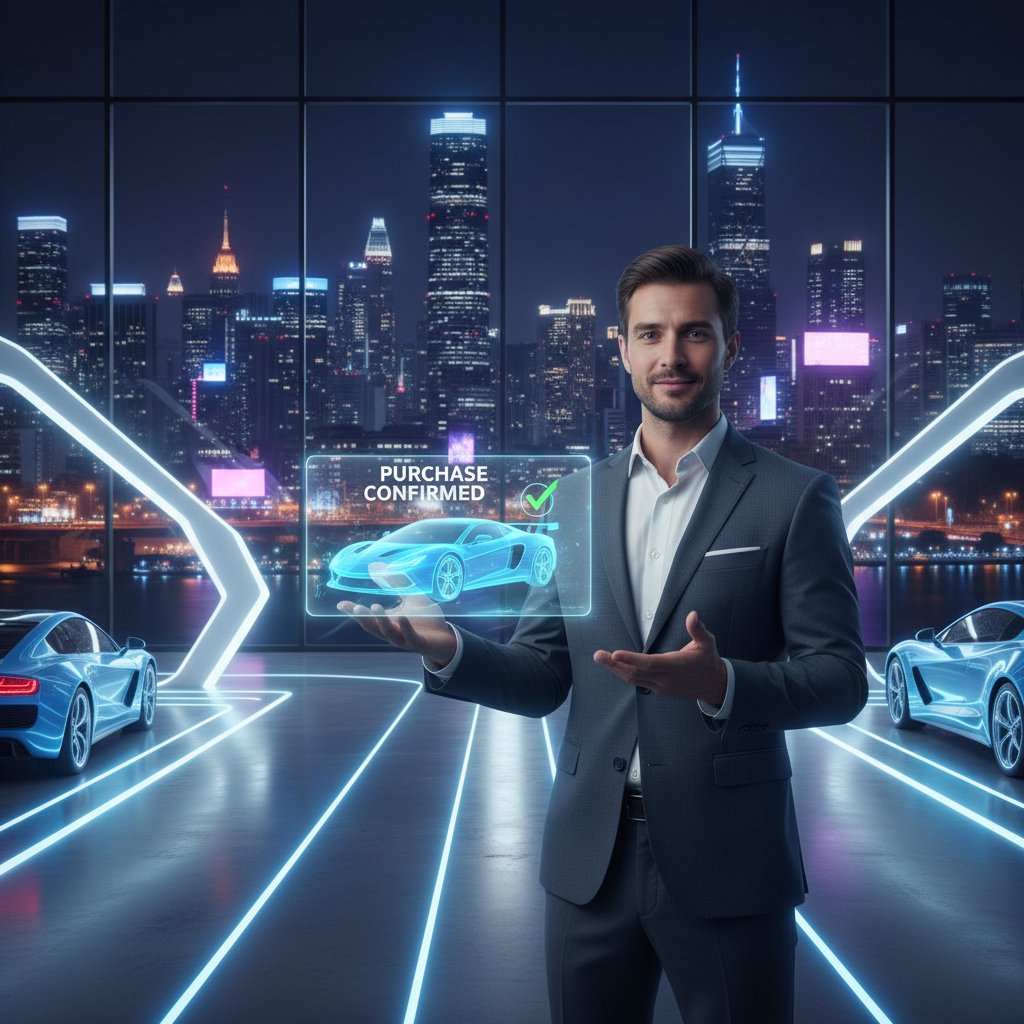 Person in urban apartment, confidently finalizing car purchase on a tablet, city lights at night