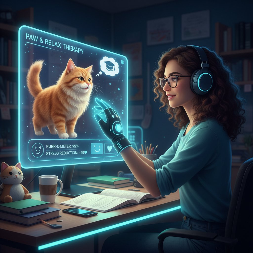 Ekran laptopa z interaktywnym kotkiem, student rozmawia z wirtualnym zwierzakiem