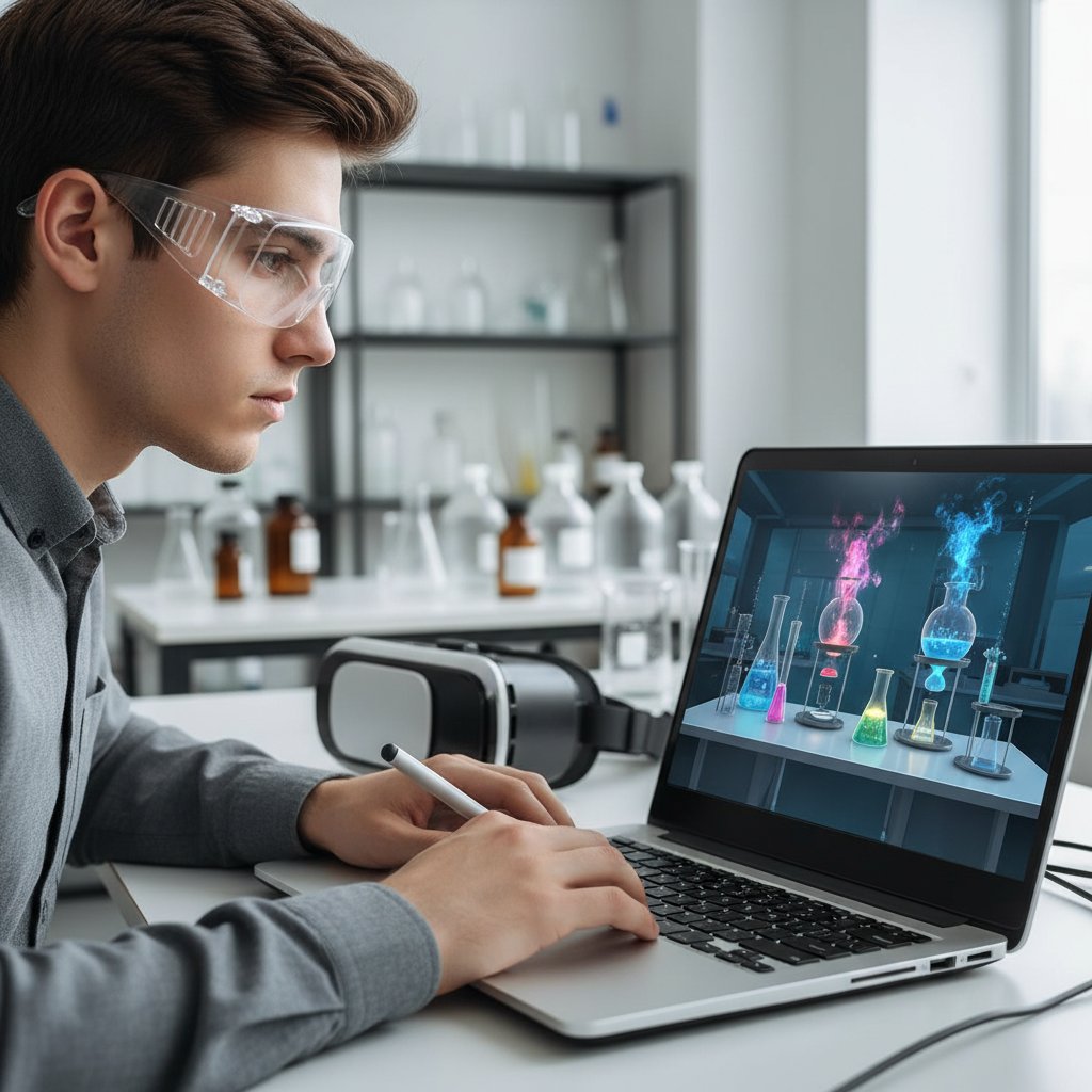 Symulacja doświadczenia chemicznego online na komputerze, uczeń w okularach ochronnych