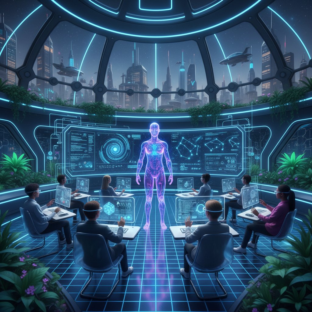 Wirtualna klasa z korepetytorem AI i uczniami – futurystyczne wnętrze, ekrany, awatary