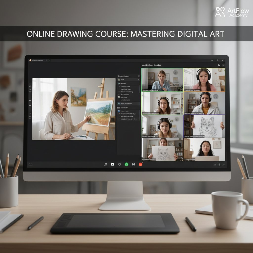 Wirtualna klasa z uczestnikami kursu rysunku online, różnorodni ludzie zaangażowani w naukę