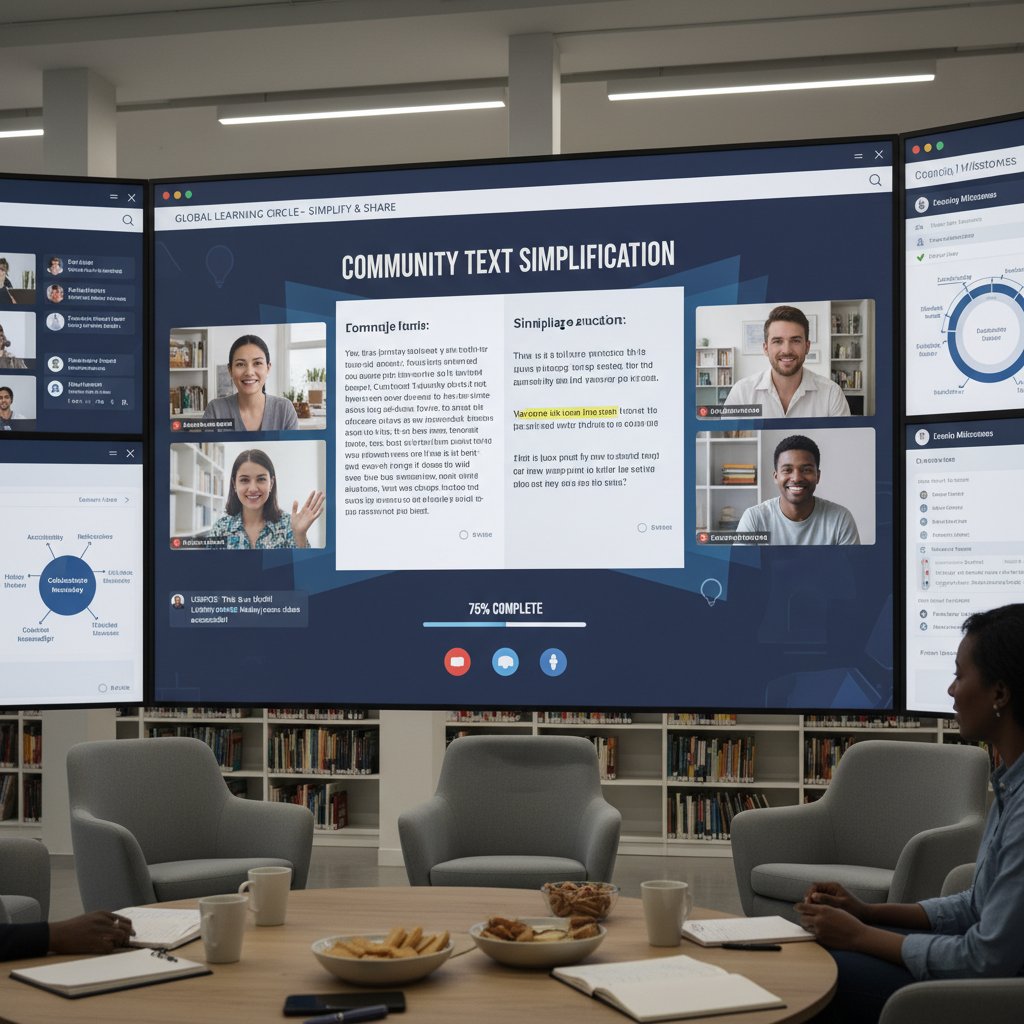 Virtual discussion group engaged in collaborative learning about text simplification tools, fostering community and ongoing education.
