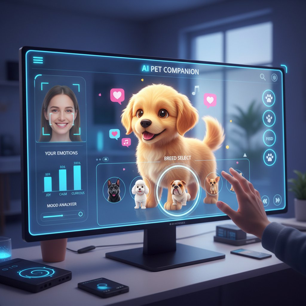 Ekran symulatora – wybór rasy psa, emocje użytkownika, interaktywność