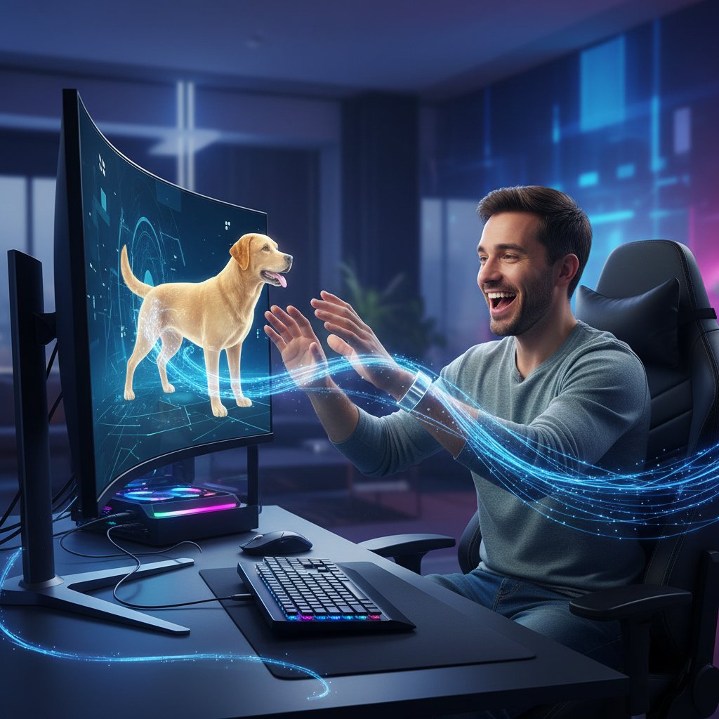 Wirtualny piesek na ekranie komputera, użytkownik uśmiecha się, poczucie więzi i radość