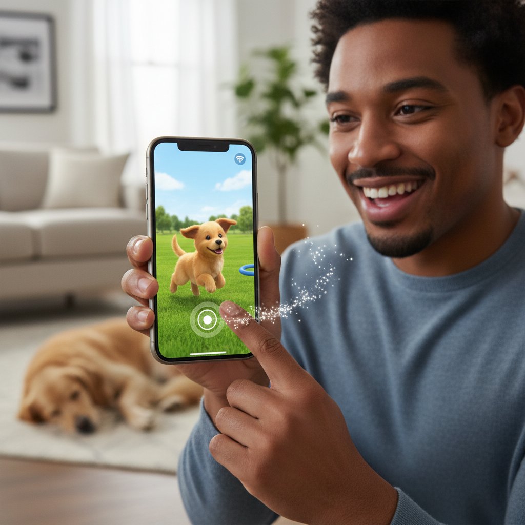 Wirtualny piesek na ekranie smartfona w dłoni osoby uśmiechniętej – symbol emocjonalnego wsparcia online