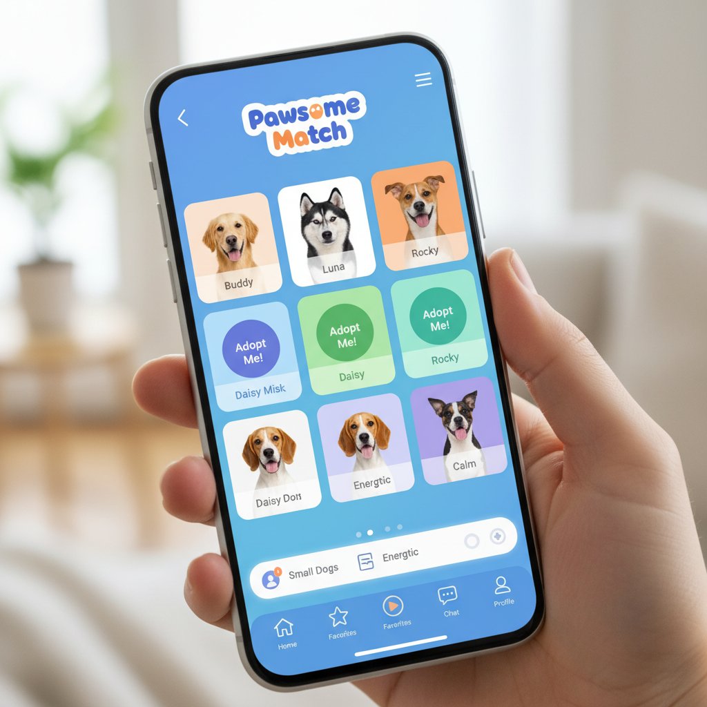 Interfejs adopcji wirtualnego psa na smartfonie, nowoczesny UI, żywe kolory