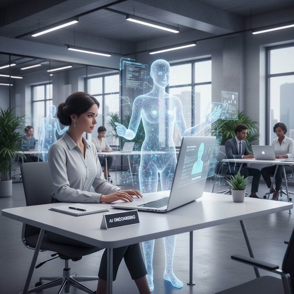 Wirtualny pracownik AI prowadzący onboarding, laptop z nowoczesną aplikacją HR