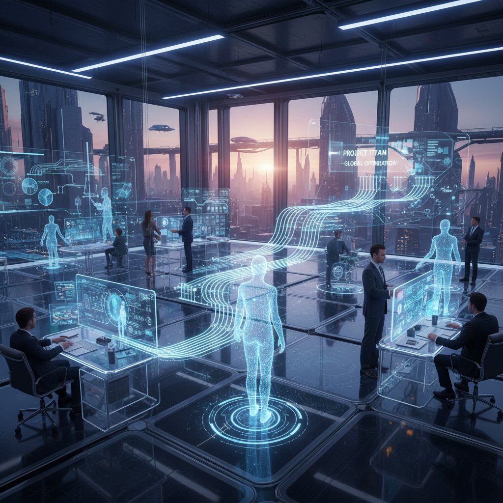 Person monitoring virtual employee workflow system on multiple screens, reflecting integration in modern enterprise