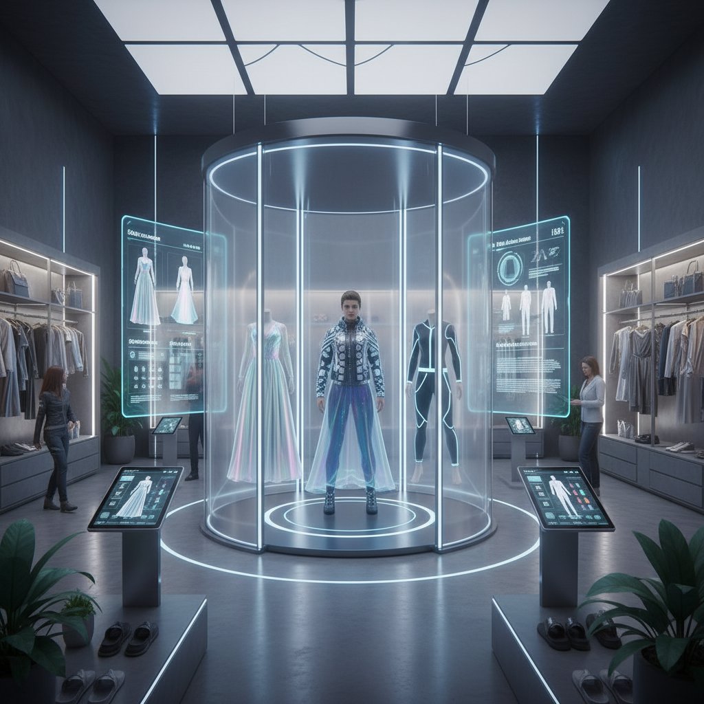 Młoda kobieta testująca lustro wirtualnej przymierzalni z funkcją AI w sklepie odzieżowym