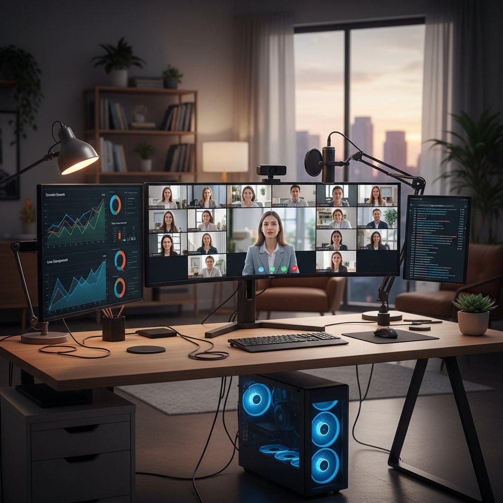 Artistic AI-style image of a candidate with multiple screens, digital overlays, and analytical charts in the background.