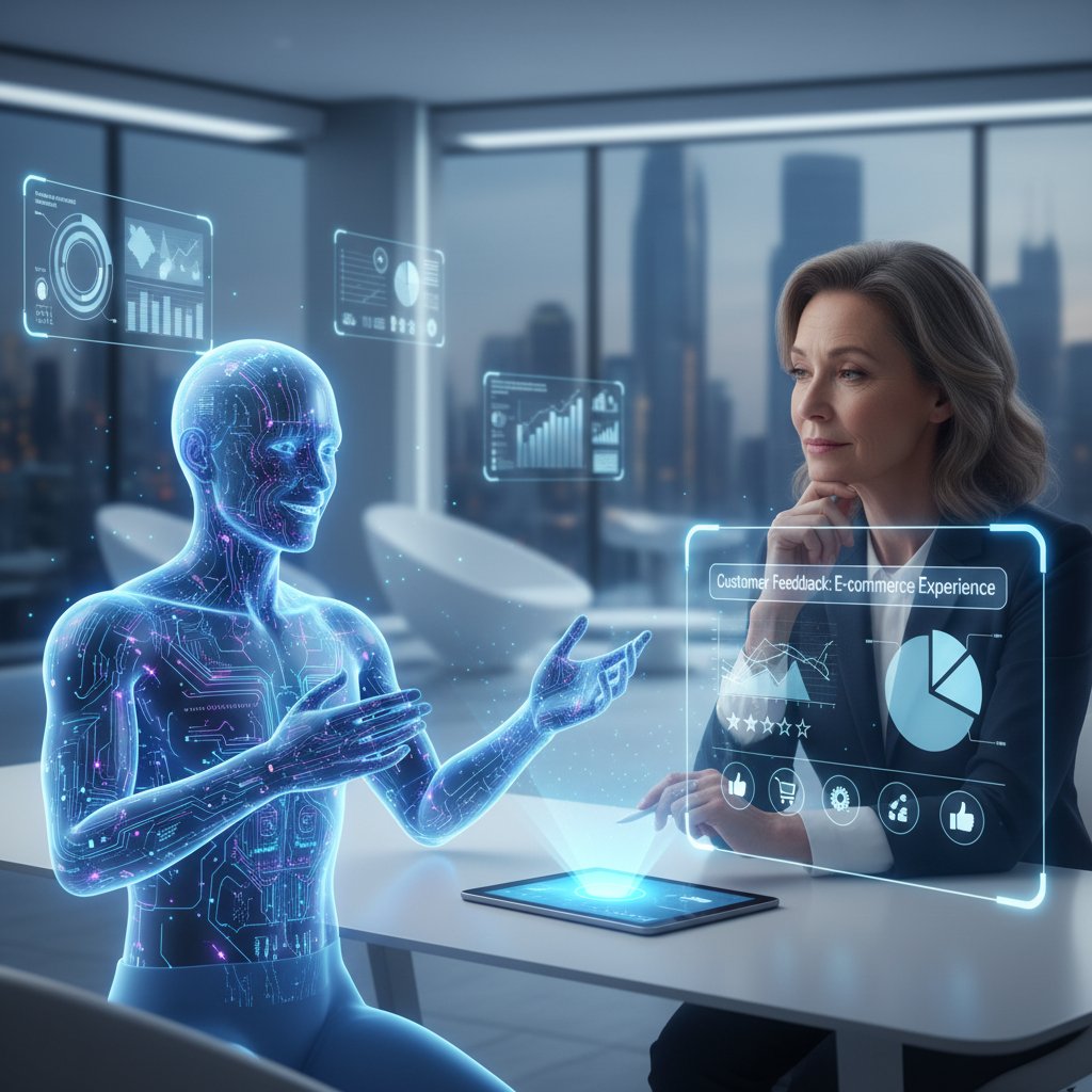 Wirtualny ankieter analizuje opinie klientów w nowoczesnym sklepie internetowym