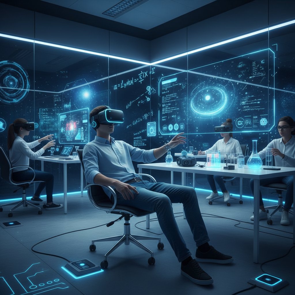Nowoczesne laboratorium wirtualne do nauki fizyki, uczeń korzystający z VR