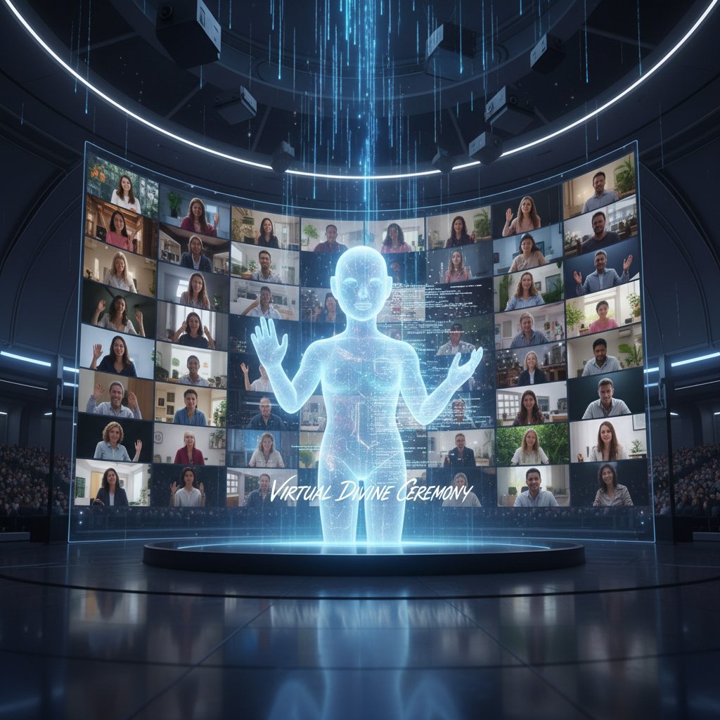 Wierni uczestniczący w wirtualnej mszy, z AI jako moderatorem spotkania online