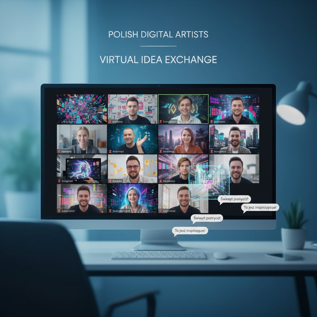 Wirtualny meetup polskich artystów digital art, żywe kolory, kreatywny klimat