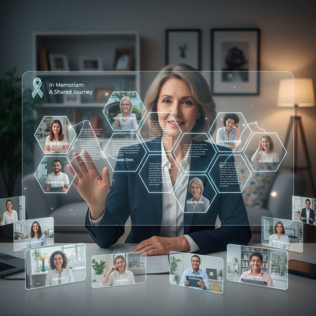 Photo of a memorial event host at a laptop, with a digital wall of remembrance in the background, lit candles on screen