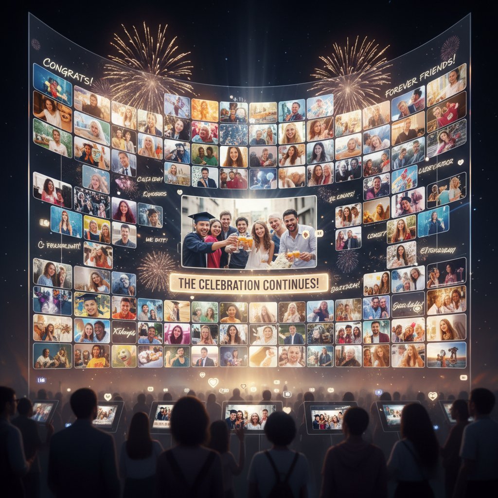 Virtual memory wall with messages and photos, vibrant colorful digital interface, celebratory mood, digital memorial remembrance celebration