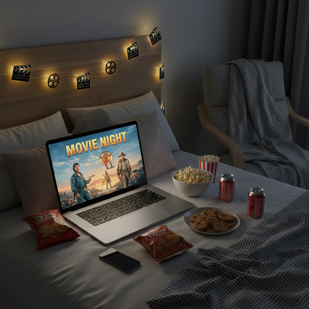 Setting up for a virtual movie night with laptop, snacks, and film-themed decorations