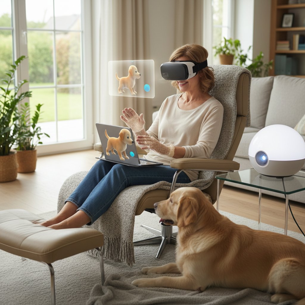 Pacjent podczas sesji wirtualnej pet therapy, ekran z psem terapeutycznym, domowe warunki, technologia