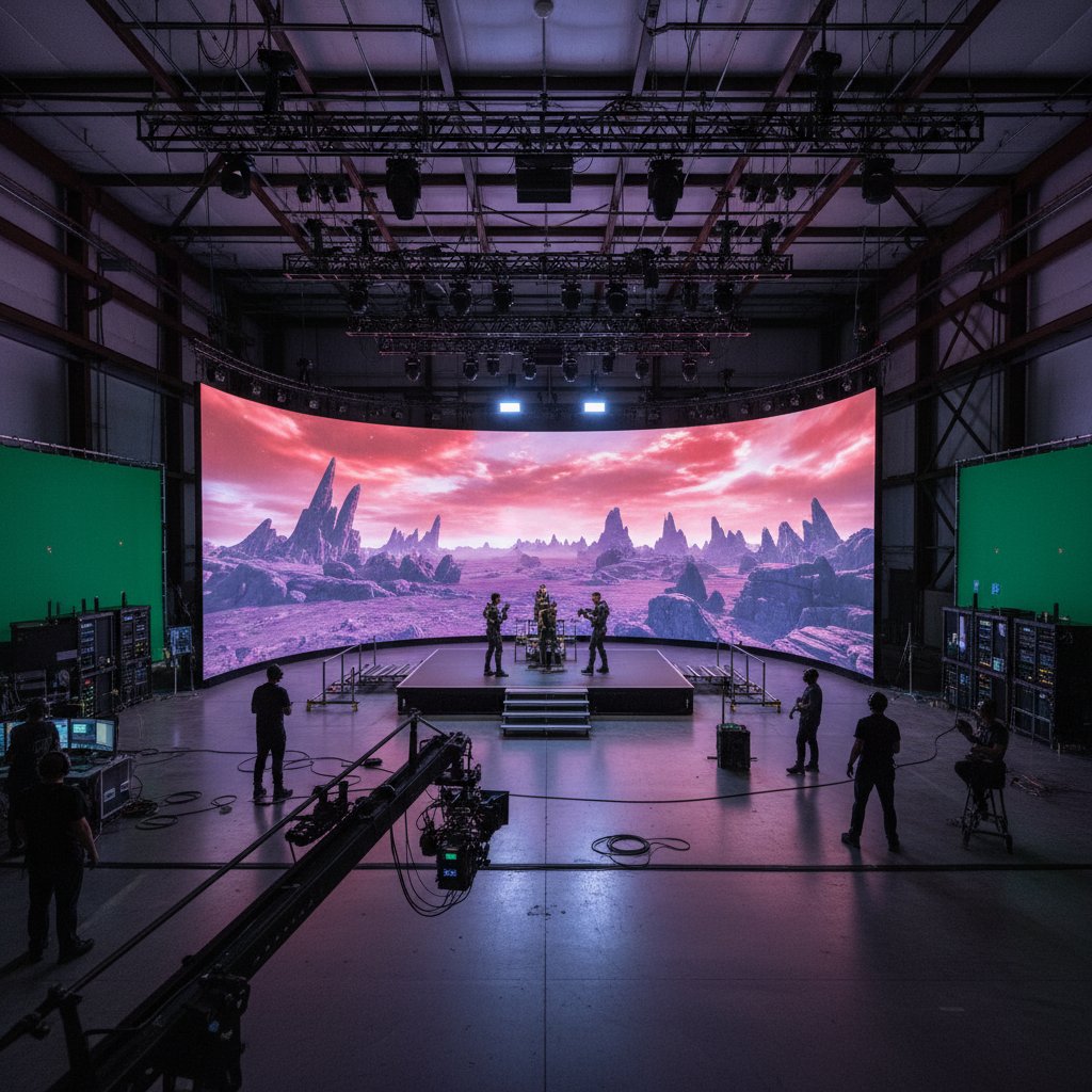Behind the scenes on a modern film set, actors in front of LED volume screens