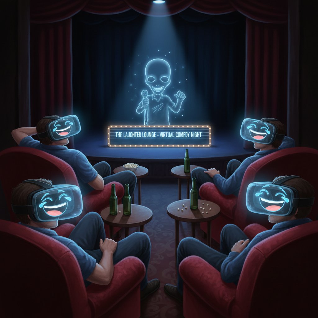 Futuristic scene of a group laughing together in a virtual reality comedy club, symbolizing the evolving future of movie stranger in strange comedy