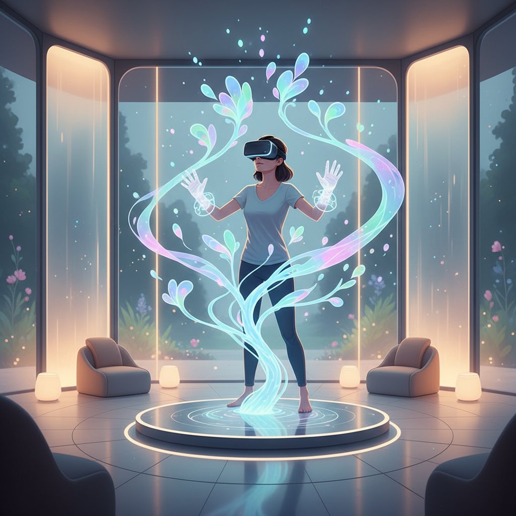 Osoba korzystająca z VR do digital art therapy, spokojna przestrzeń, ekspresja emocji na cyfrowym płótnie