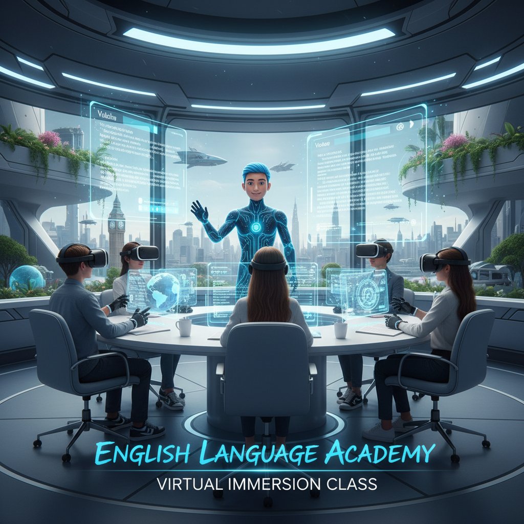 Nowoczesna lekcja angielskiego online z użyciem VR, uczniowie w wirtualnej klasie językowej