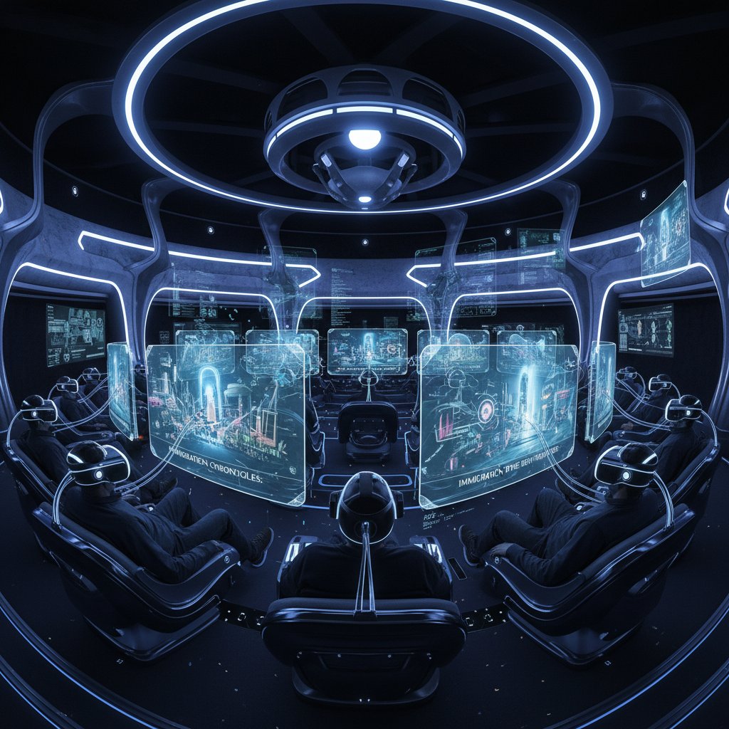 Viewer immersed in a virtual reality immigration movie, futuristic rendering with VR headset and cinematic environment