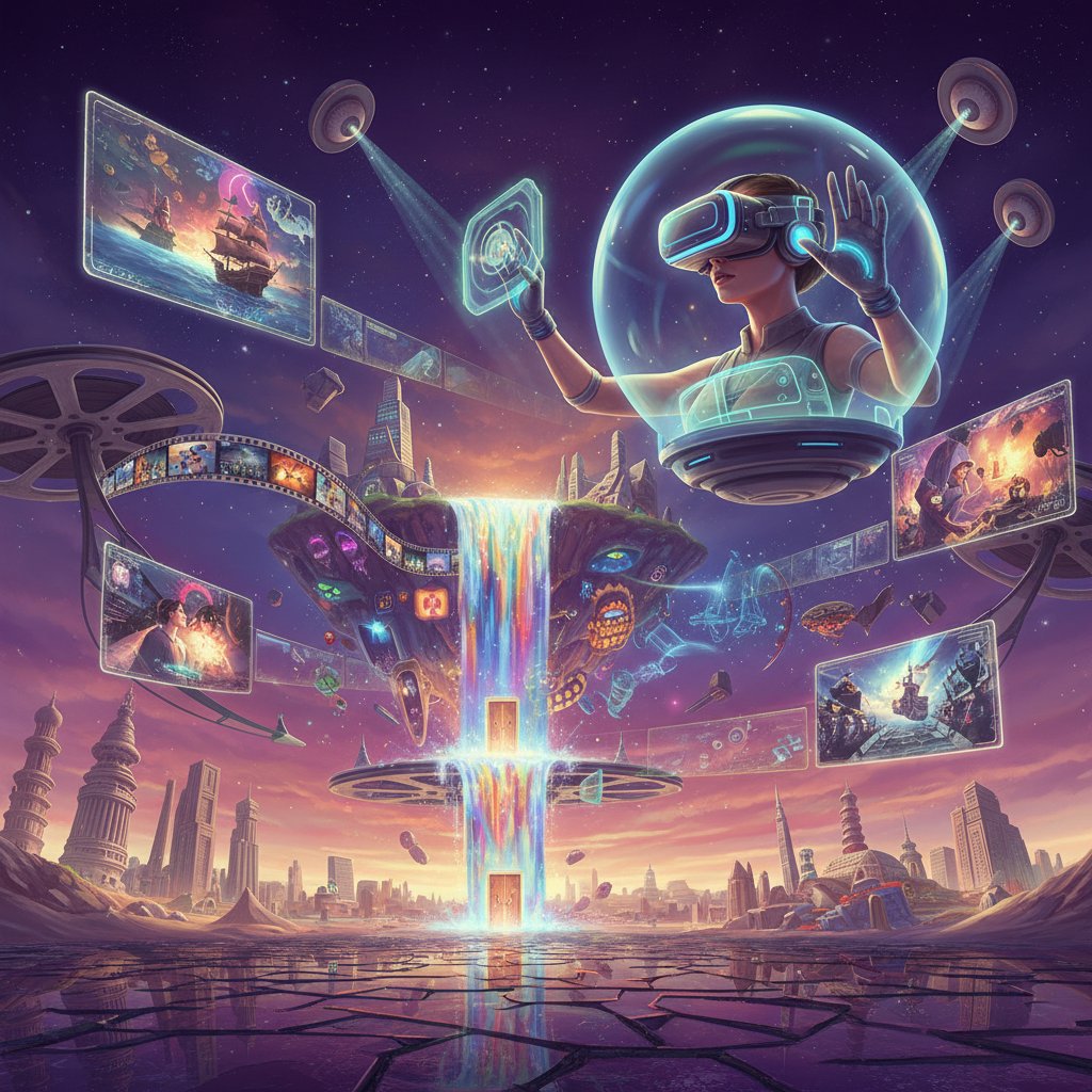 A viewer experiencing a provocative interactive movie in virtual reality, surrounded by surreal film landscapes