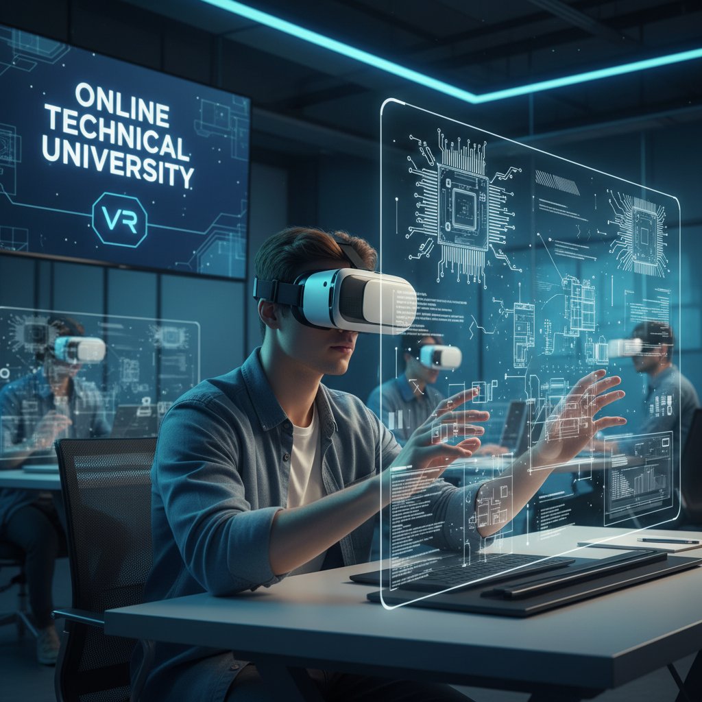 Zastosowanie VR w nauce technicznej online: uczeń z goglami VR i komputerem