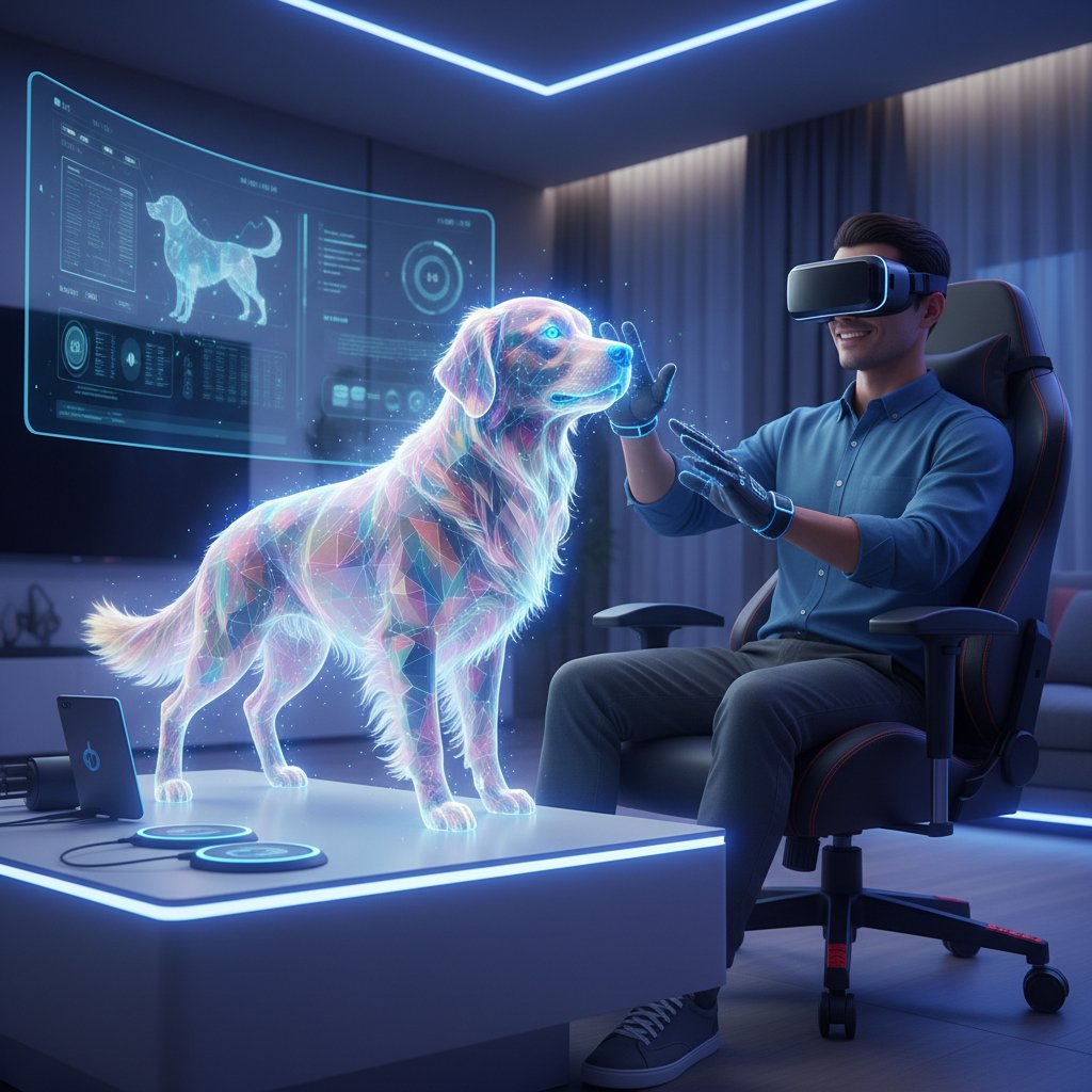 Wirtualna rzeczywistość – użytkownik w okularach VR głaszcze cyfrowego psa