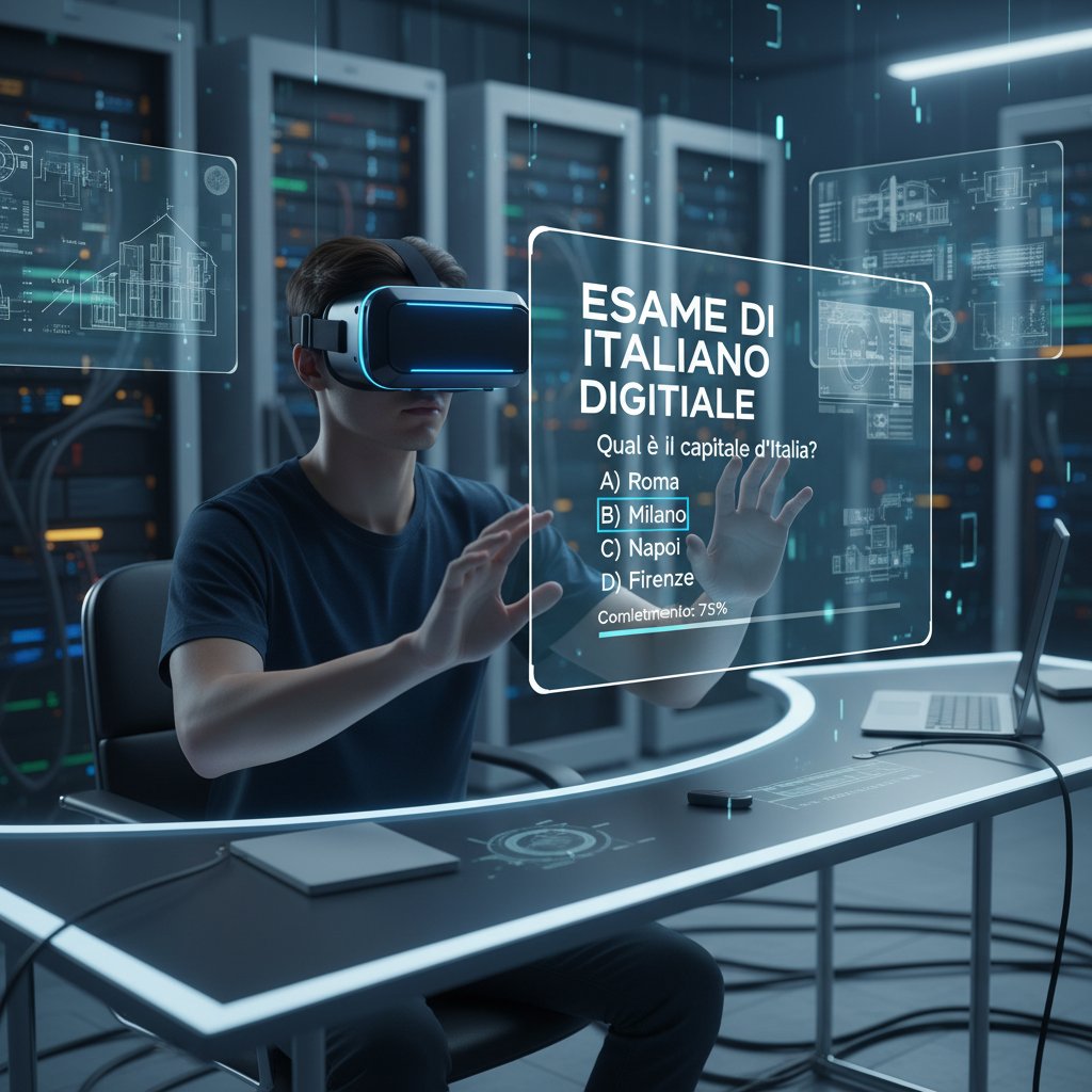 Student z VR, cyfrowy interfejs włoskiego egzaminu w powietrzu, futurystyczny klimat