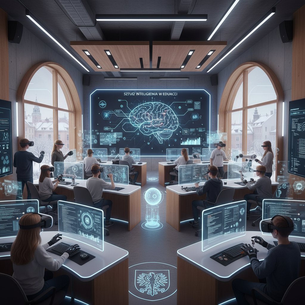 Laboratorium VR w polskiej szkole, uczniowie korzystający z gogli i komputerów podczas lekcji hybrydowej