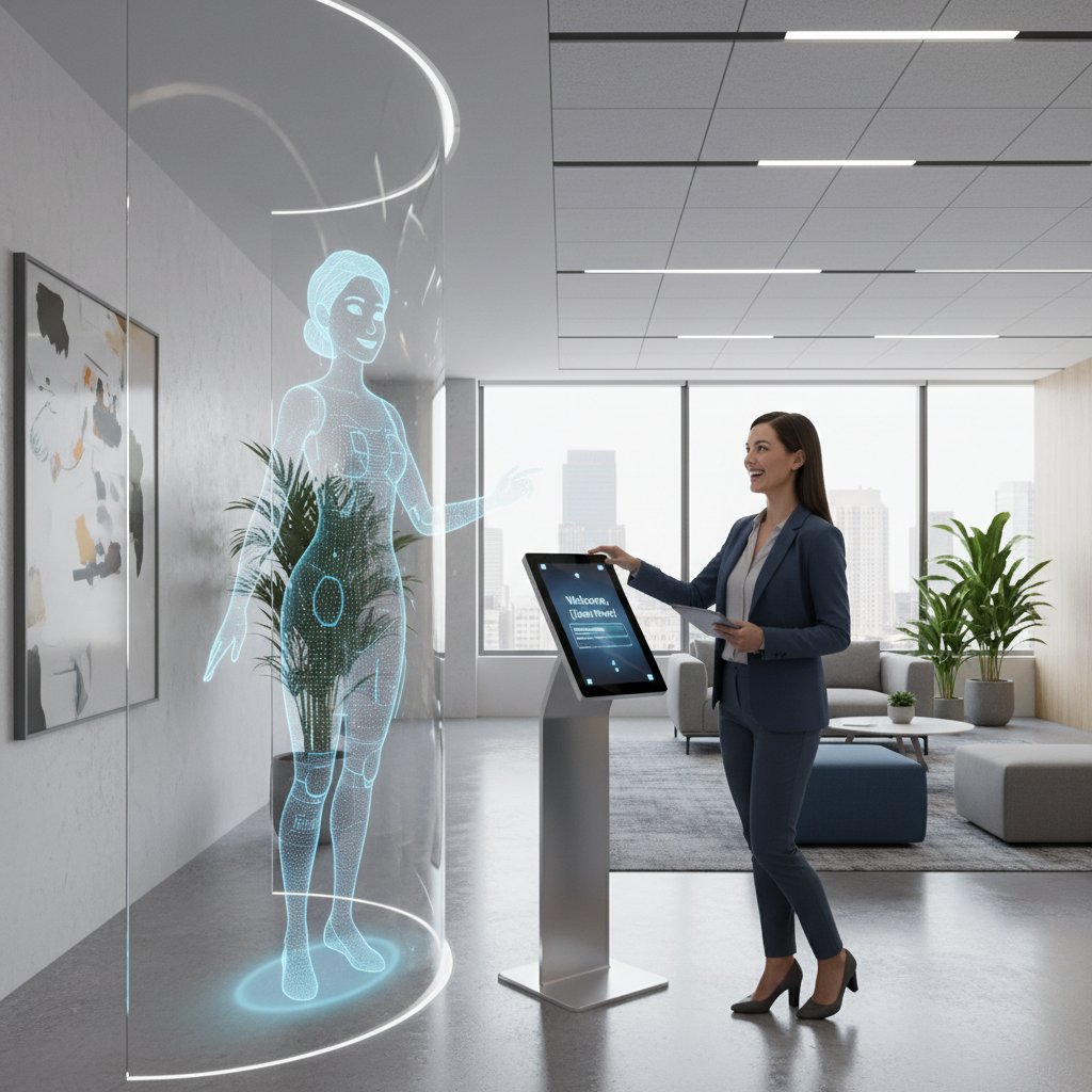 Nowoczesna recepcja z wirtualną recepcjonistką na ekranie i zadowolonym klientem
