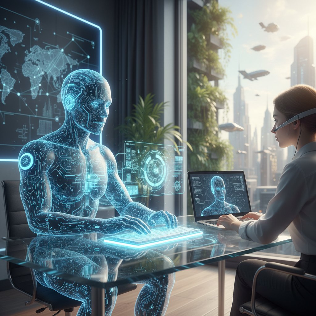 Wirtualny specjalista AI pracujący z domu, laptop, nowoczesna technologia