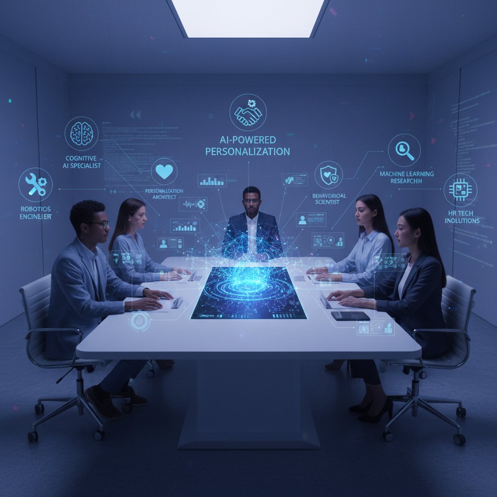 Wirtualny zespół specjalistów prezentowany na ekranie, słowa kluczowe: wirtualni pracownicy, personalizacja, AI w HR