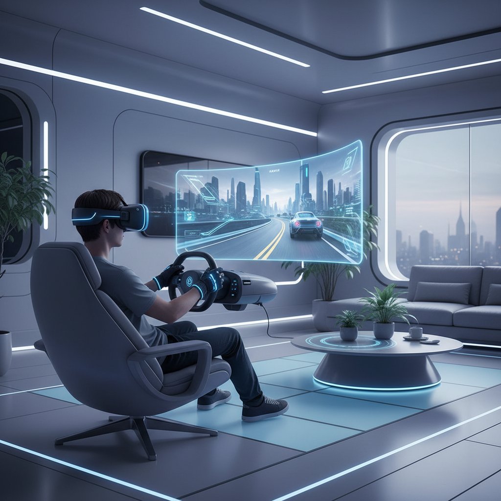 Young person experiencing virtual test drive with VR headset, futuristic living room