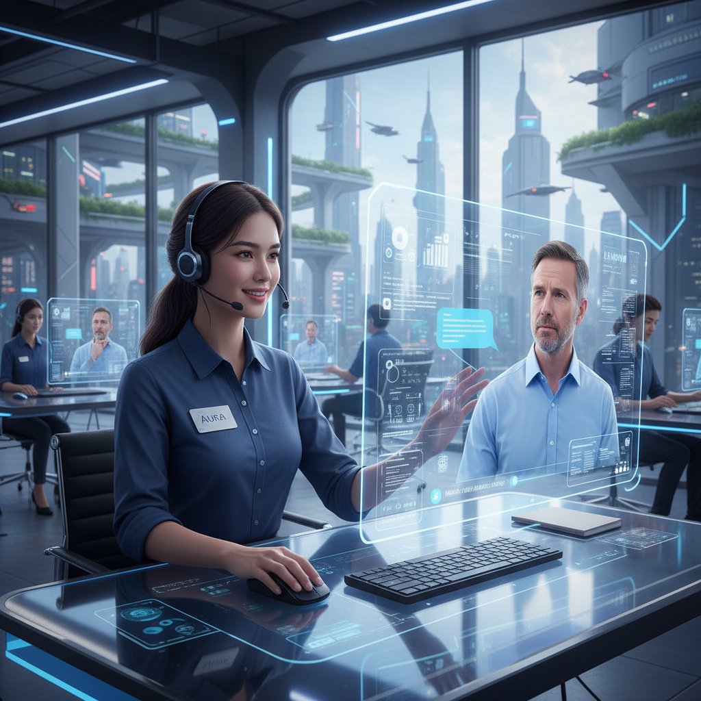 Wirtualny pracownik AI rozmawiający z klientem przez ekran komputera