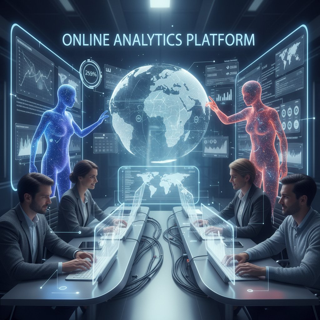 Awatar pracownika AI współpracujący z zespołem ludzkim przy raportach online, nowoczesna sala konferencyjna