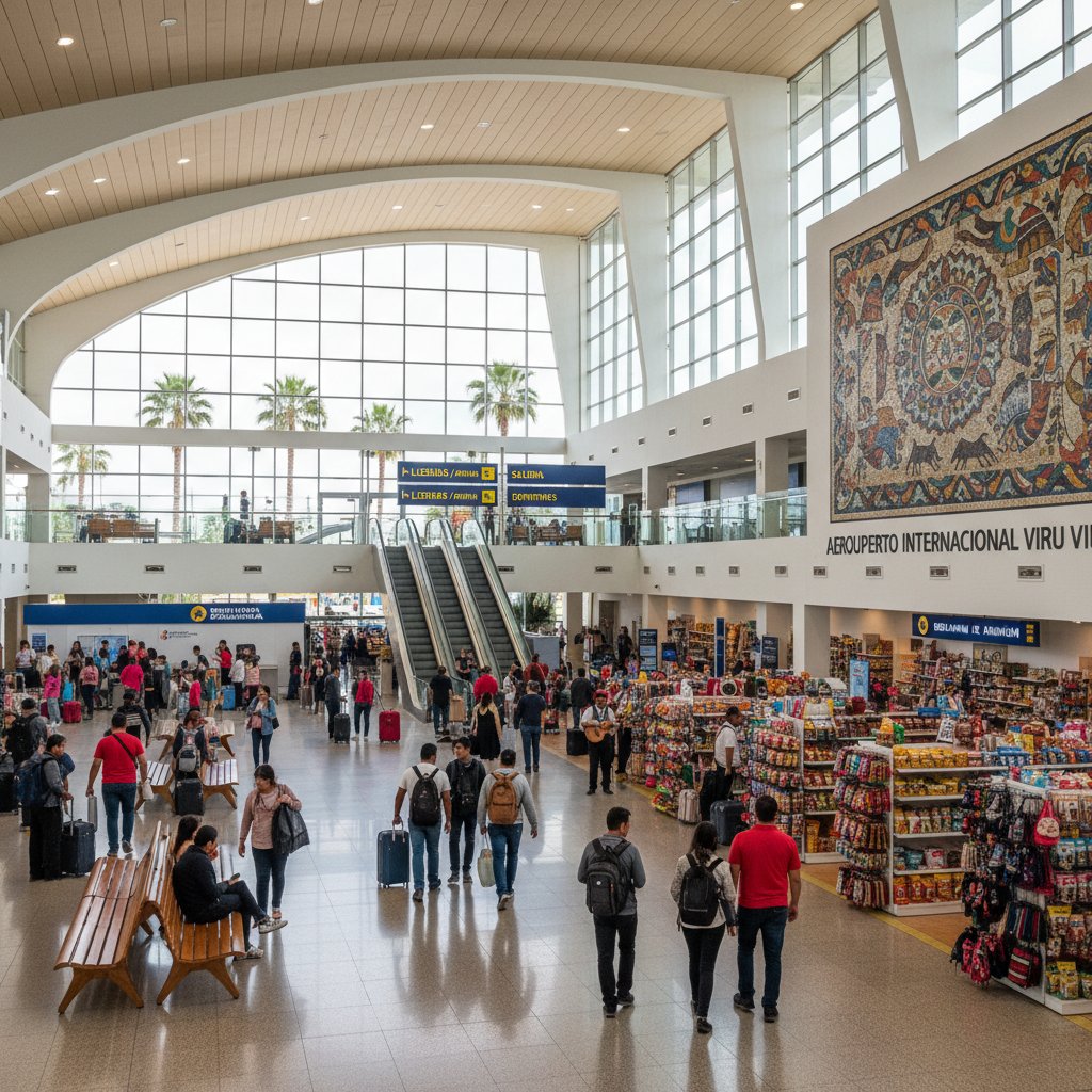 Travelers moving through lively Viru Viru International Airport, Santa Cruz, with visible signage in Spanish and local ambiance