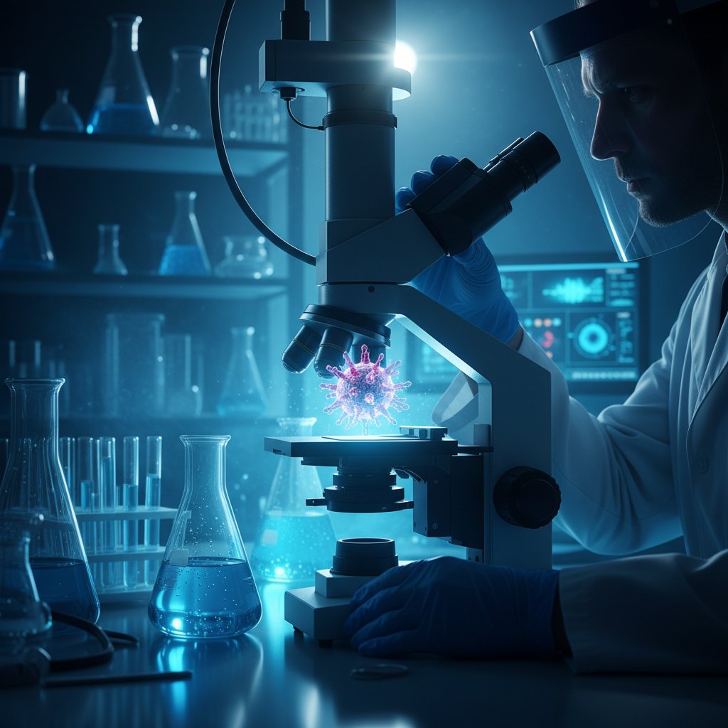 Zbliżenie na realistyczną postać wirusa w laboratorium z mikroskopem, dramatyczne światło, symboliczne, medyczna atmosfera