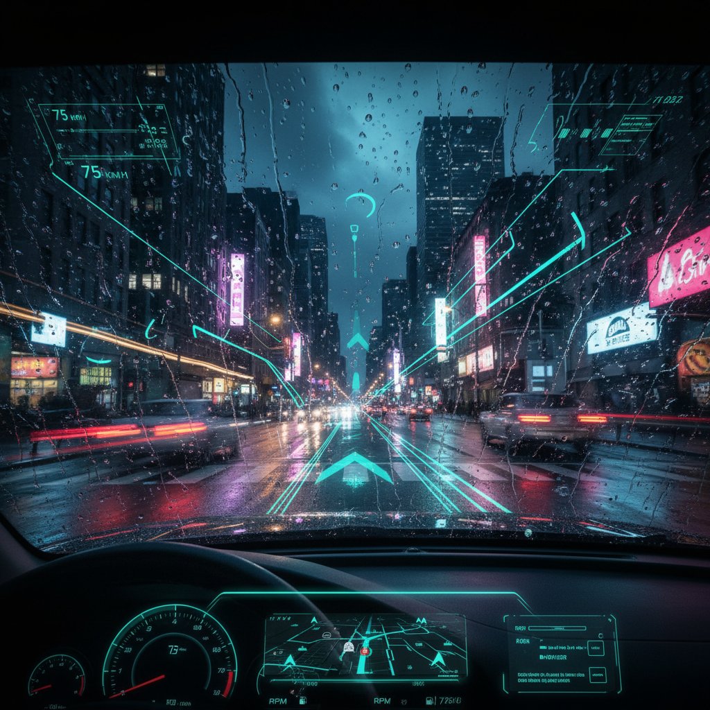 Nighttime urban street, digital overlays of lane markers and warning icons, rain on windshield, moody lighting