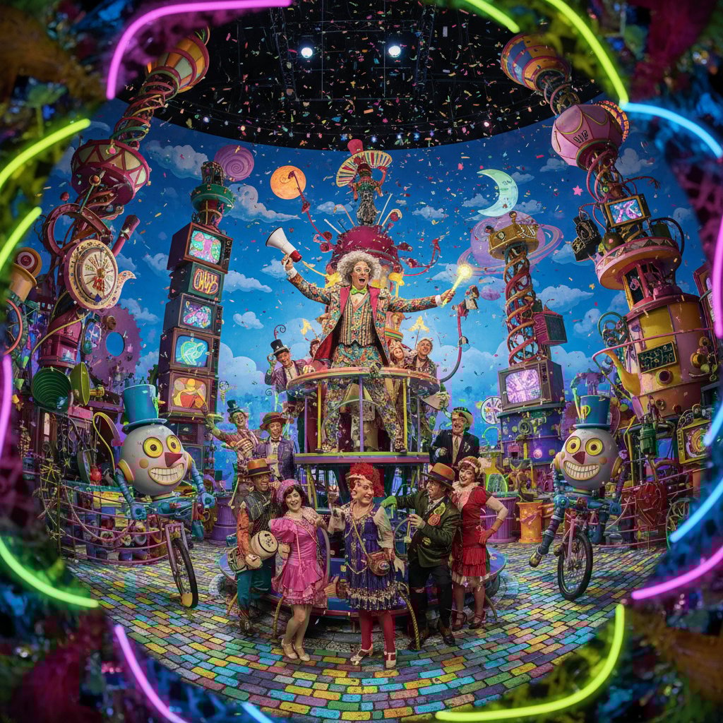 A visionary young director overseeing a hyper-stylized comedic film set