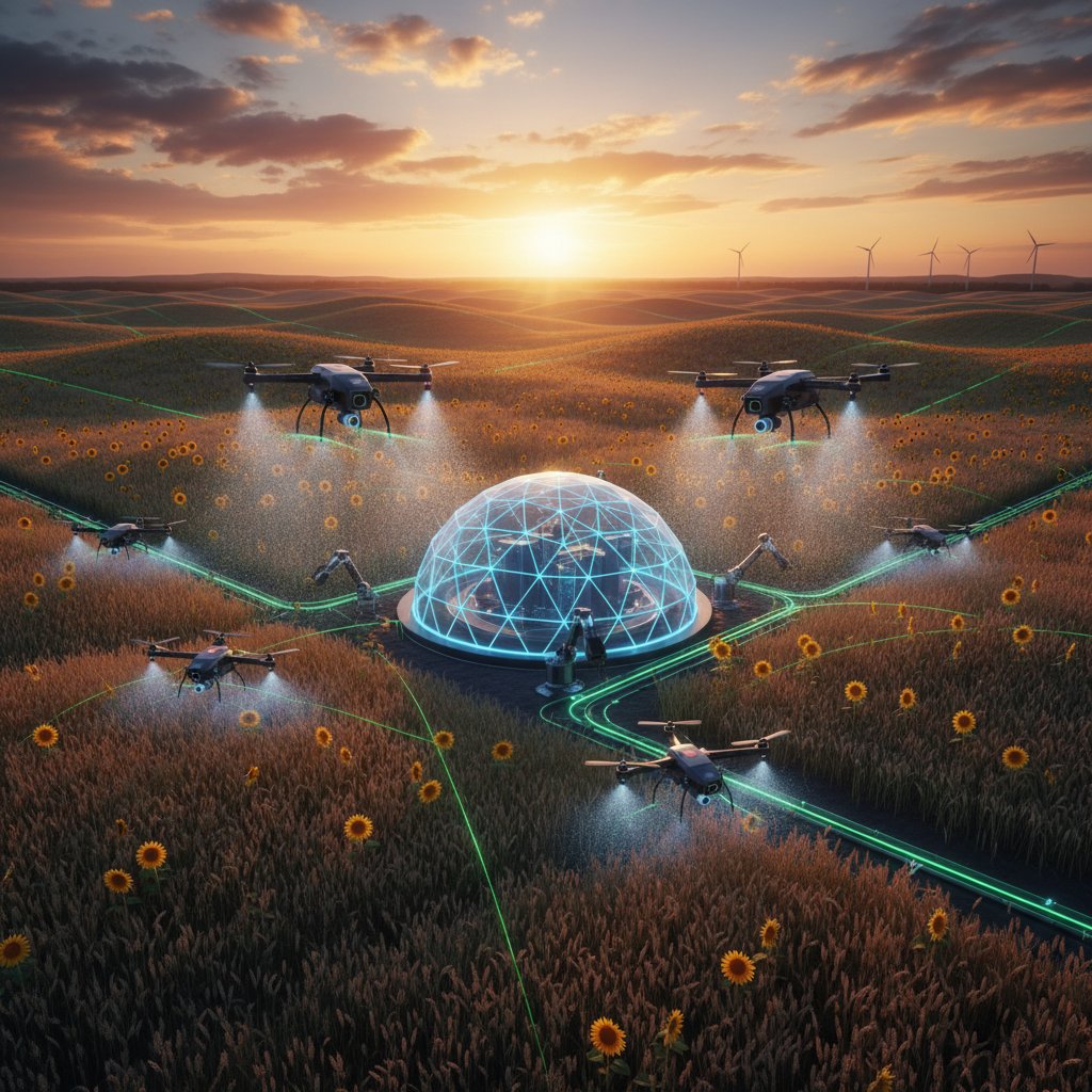 Wizja przyszłości – pole z dronami i autonomicznym nawadnianiem sterowanym przez AI